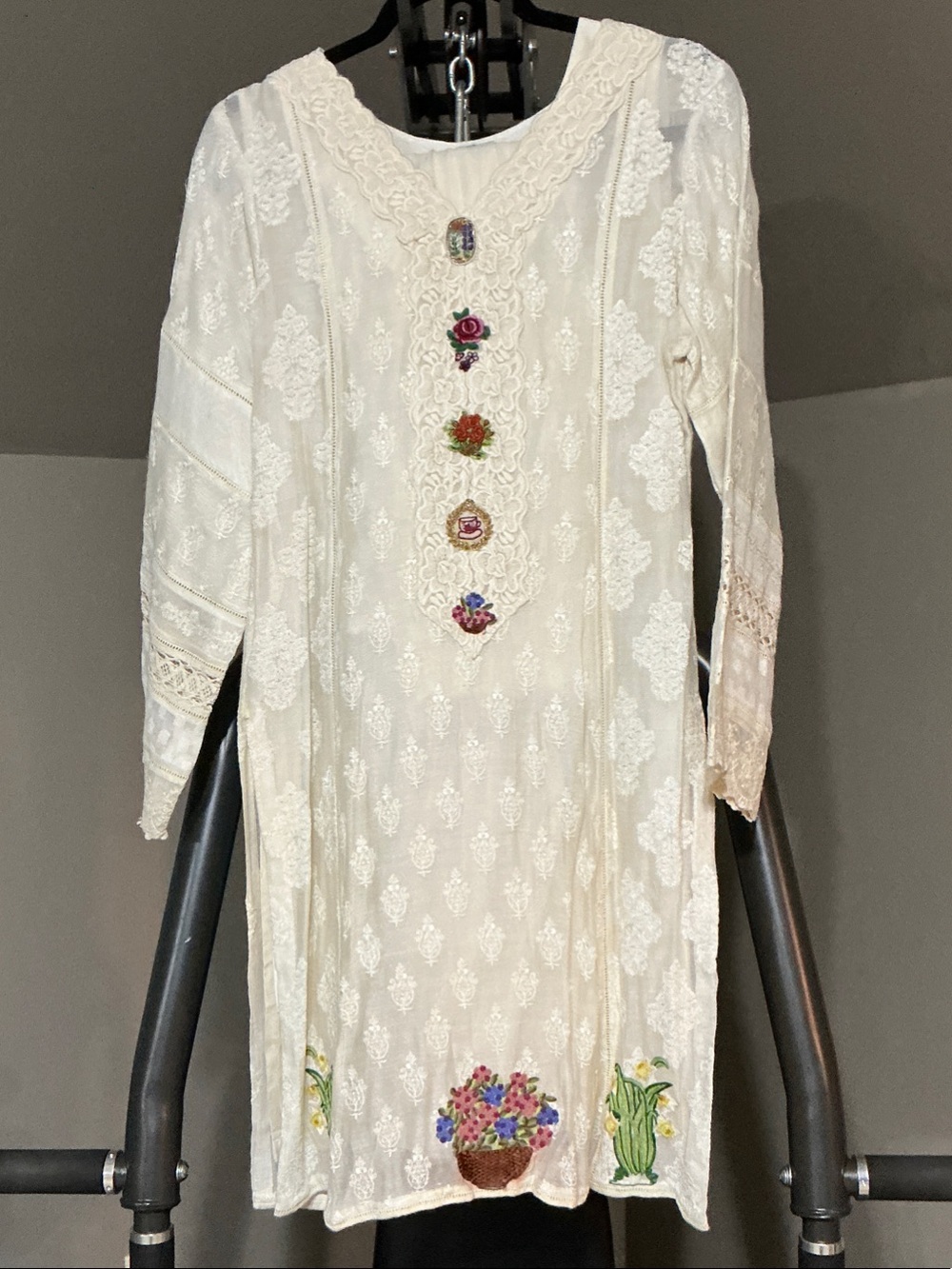 Ivory Embroidered Long Sleeve Tunic Dress with Floral Accents